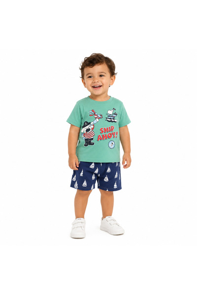 Generic Boy's Clothing Set Mint Green Shirt and Navy Shorts with Sailing Ship...