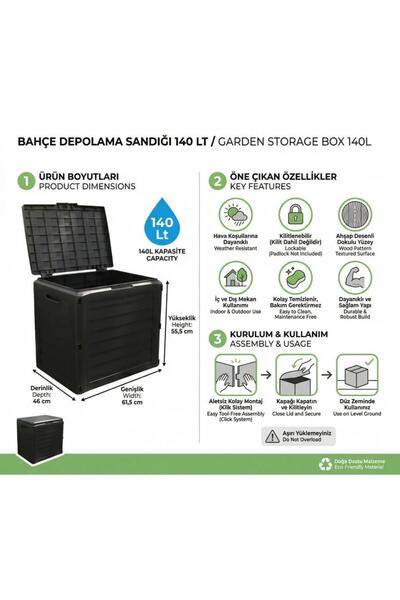 Omnipazar SO-BDS0 Plastik Bahçe Depolama Sandığı Su Geçirmez 140 Litre Antrasit