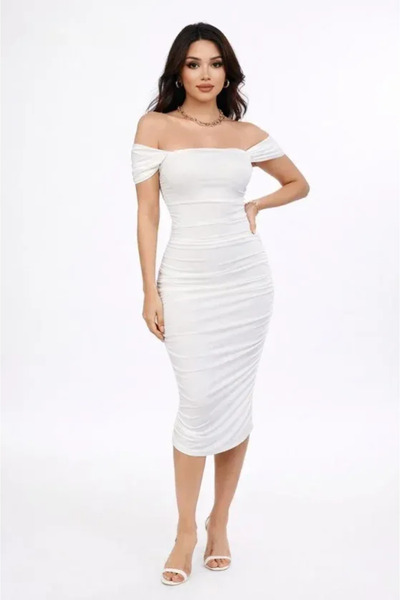 stelol Madonna Collar Draped Midi Dress Lycra Bodycon Event Dress - White