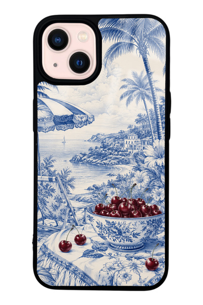 Spoyi iPhone 13 Blue Porcelain Cherry Coast Tasarımlı Glossy Telefon Kılıfı