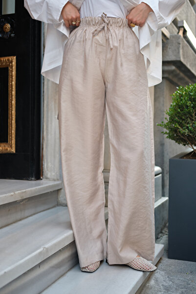 LOCCO Women's Double Pocket Elastic Waist Modal Pants with Lace Detail Cream