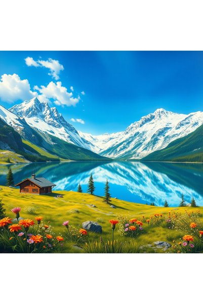 Mefan Duvarda Sanat Modern İsviçre Alpleri ve Göl Evleri Kendinden Yapışkanlı...