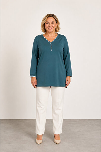 bihan store Women's V-Neck Long Sleeve Tunic Blouse with Stone and Grout Deta...