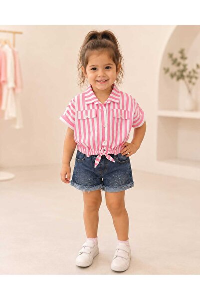 kidsense Girl's Pink Striped Shirt with Tie Detail and Stone Detailed Denim S...