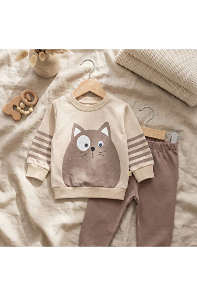 Bobişko Cat Patterned Cotton 2-Piece Baby Boy Set