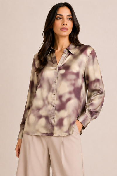 berlanty Abstract Print Silk Satin Shirt