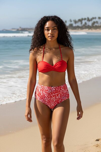 TooHot Women's Red Swivel Strapless High Waist Bikini Set