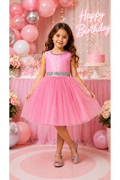 Lindissima Girl's Beaded Collar Heart Back Detail Sequin Belted Tulle Evening...