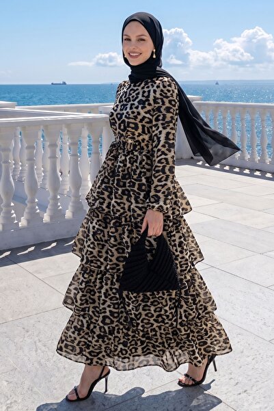 InStyle Leopard Pattern Layered Belted Brown Dress