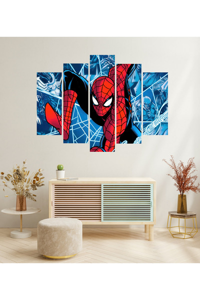 TABLOX 5 Parça Örümcek Adam Spider Man Ağ Dekoratif MDF Tablo Seti Duvar