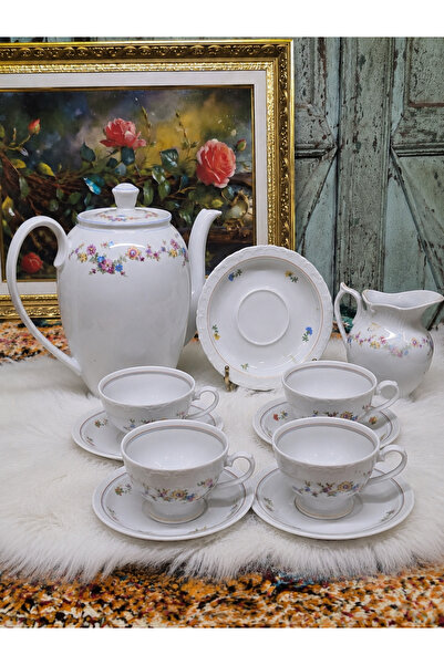 EVVEL ZAMAN ANTİK Vintage Porselen Çay Servis Takımı – 4 Kişilik | Demlik, Sü...