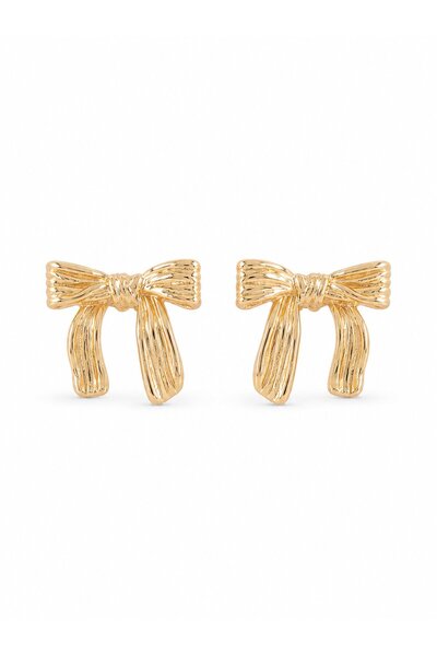 serelya Brass Gold Color Line Detail Bow Earrings