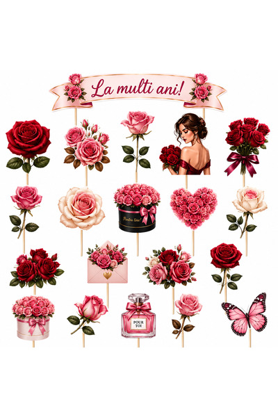 DecoParty Set toppere tort TRANDAFIRI, DecoParty, 20 figurine, carton, suport...