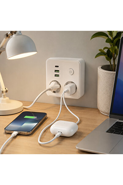Fabrilux Priză Adaptor 5 în 1 cu Întrerupător, 2 Prize Schuko EU, 2 Porturi USB + 1 USB-C, Încărcare Multiplă pentru Casă și Birou