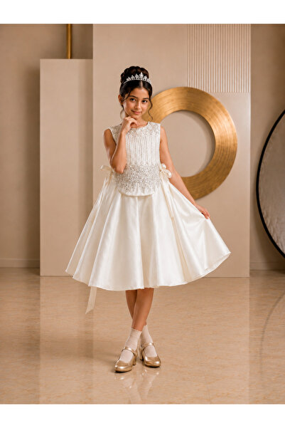 Al Farasha Girls' Elegant Beaded A-Line Special Occasion Dress – Cream White ...