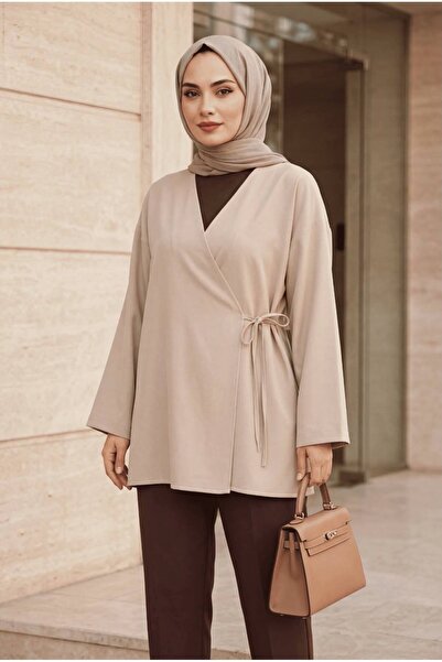 USLULAR Beige Double-Breasted Collar Side Tie Kimono Tunic