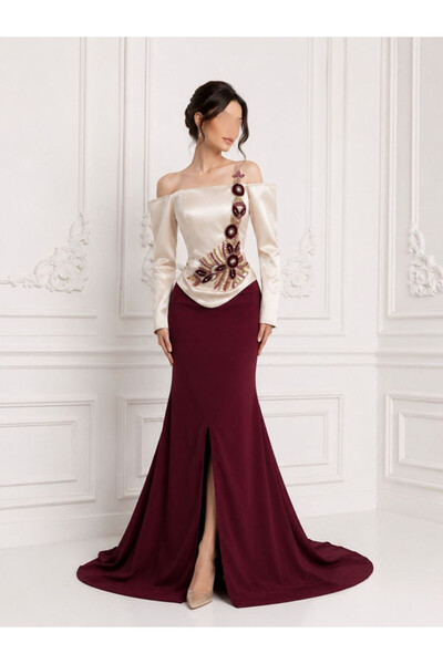 ranin Cream and Burgundy Evening Gown Made from Mikado Material with Luxuriou...