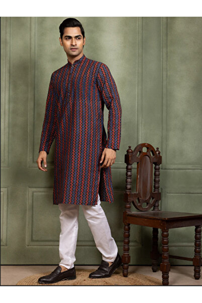 Devoiler Mens Red All-Over Printed Cotton Kurta Set