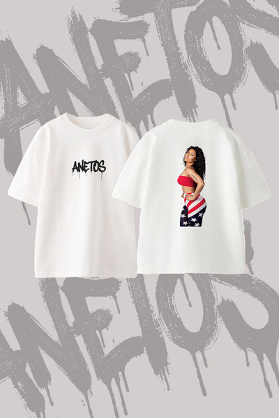 Anetos Бяла памучна овърсайз тениска с дизайн Nicki Minaj_8 и принт на гърба