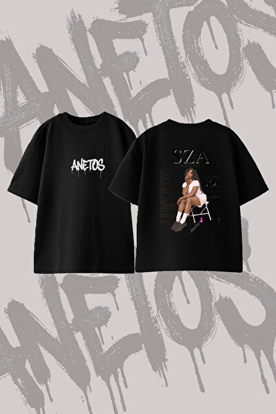 Anetos Sza Artist_4 Design Back Printed Cotton Black Oversize T-Shirt