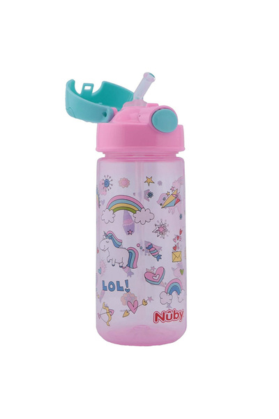 Nuby Спортна бутилка със сламка, розова с еднорози, 3+ години, 540 мл