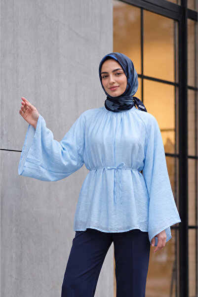 Kukini Hakim Yaka Kemerli İspanyol Kol Oversize Liyosel Tunik - Bebe Mavi