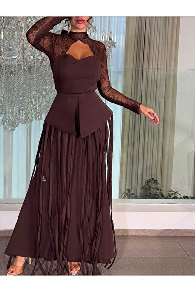Ayaen Elegant Brown Dress with Long Lace Sleeves and a Ruffled Skirt.