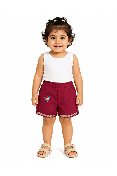 MADE Girls Embroidered Elastic Waist Burgundy Shorts for Kids