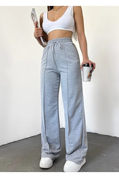 Hera Moda Women's Gray Striped High Waist Loose Leg Casual Sweatpants