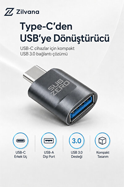 Zilvana Usb-C Male to Usb-A Female USB 3.0 Otg Converter Adapter - Dark Gray