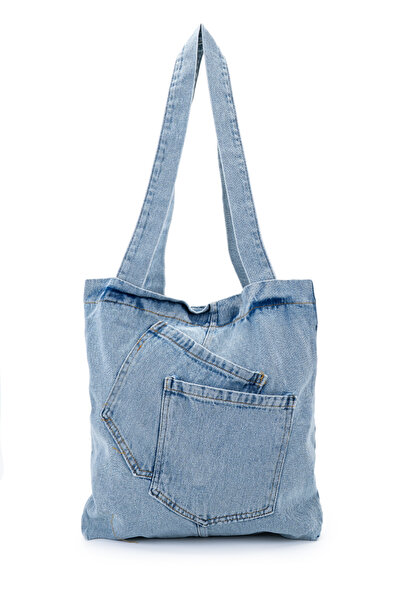 minebag Cross Patch Pocket Detailed Denim Women's Shoulder Bag Doli Light Blue