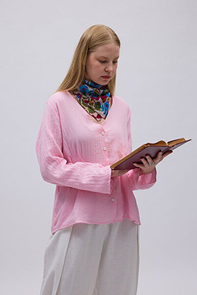 ZÜLAYS Pile Detailed V-Neck Shirt Powder