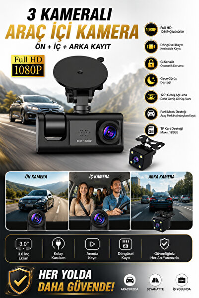 Happy Owl 3 Kameralı Araç İçi Kamera Full HD 1080P Ön İç Arka Kayıt G-Sensör ...