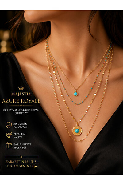 Majestia Azure Royale Çok Katmanlı Turkuaz Detaylı Çelik Kolye – Premium Altı...