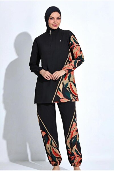 allsea Women's Full Covered Hijab Swimsuit Set Long Sleeve Patterned Black Hi...