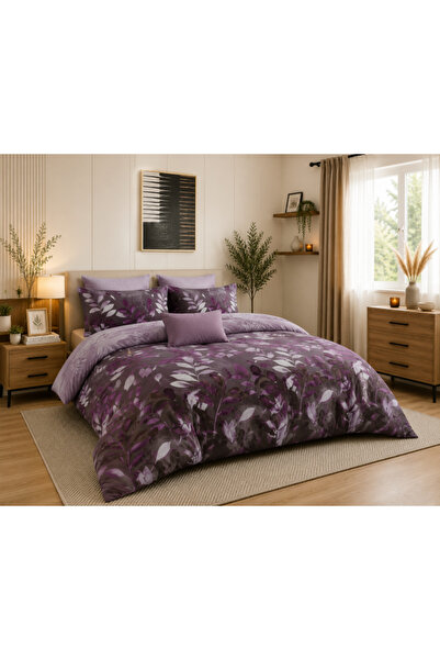 OEM Set de lenjerie de pat din bumbac, 4 piese, model Floral Mov, husă de pil...