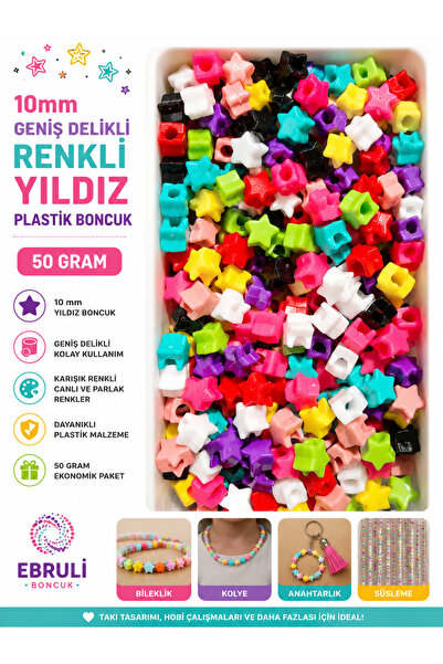 E.B EBRULİ BONCUK 10mm Wide Hole Colorful Star Plastic Beads (50 Gr)