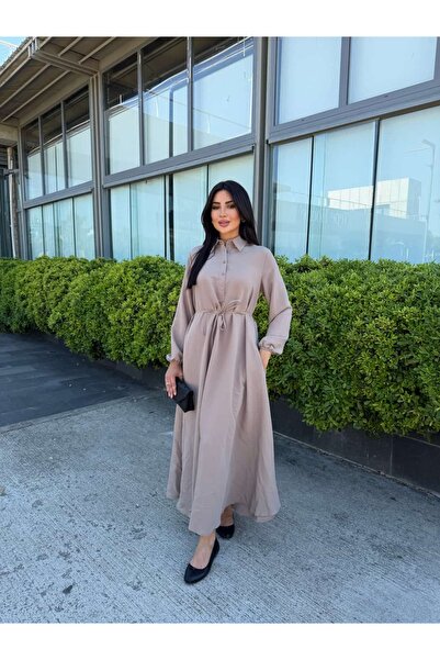 ankanoor Yakalı Önü Düğmeli Mevlana Kesim Cupra Elbise ANKA261034
