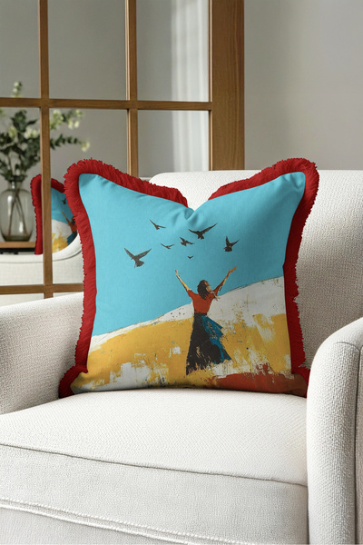Evimde Bambaşka Artistic Fringed Pillowcase with Abstract Bird Figure - Eclec...