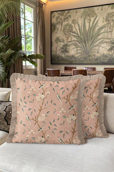 Evimde Bambaşka Vintage Powder Fringed Pillowcase with Floral Birds - Botanic...