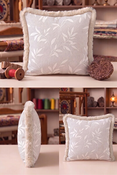 Evimde Bambaşka Botanical Leaf Motif Fringed Pillowcase - Fresh Floral Beige ...