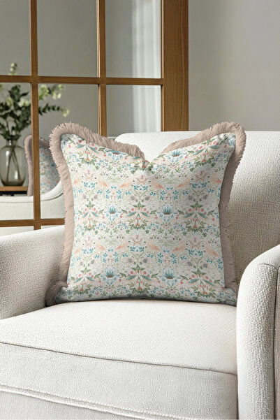 Evimde Bambaşka Vintage Bird Floral Pattern Fringed Pillowcase - Botanical Sp...