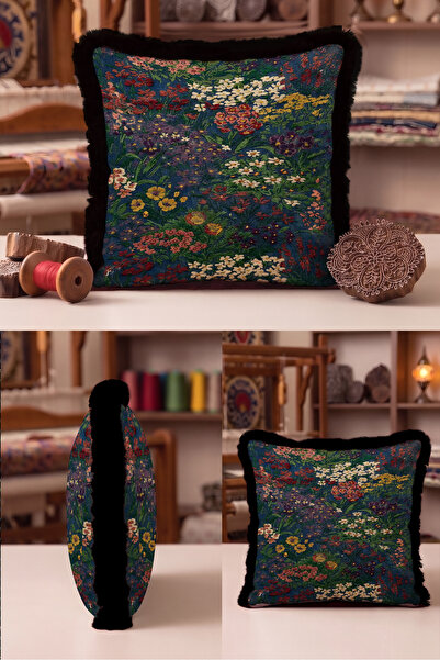 Evimde Bambaşka Flower Garden Patterned Fringed Pillowcase - Floral Navy Blue...