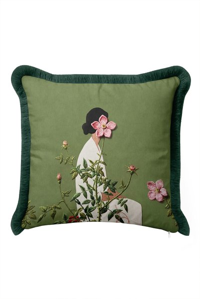 Evimde Bambaşka Botanical Woman Figure Floral Fringe Pillowcase-Artistic Floral Green Black Tassel Throw Pillow Cover