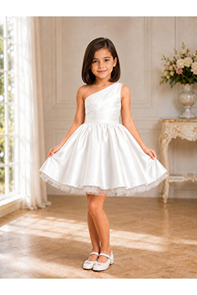 MadyaButik Girl's White One-Shoulder Bow Detailed Short Satin Dress