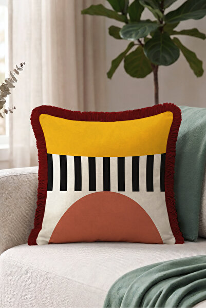 Evimde Bambaşka Geometric Stripes Abstract Pattern Fringe Pillowcase - Artist...