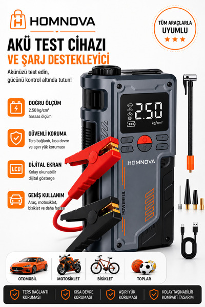 Homnova Akü Takviye Cihazı Hava Kompresörü Taşınabilir Marş Basma Powerbank L...