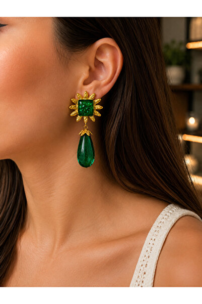 ANKA JEWELLRY Women's Stainless Steel Gold Color Emerald Green Stone Sun-Shap...