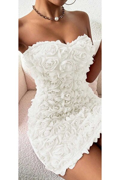 auraandmore 3D GÜL DETAYLI STRAPLEZ MİNİ FLORA ELBİSE