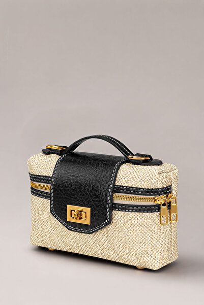 Housebags Textured Gold Black Detailed Mini Hand and Shoulder Bag